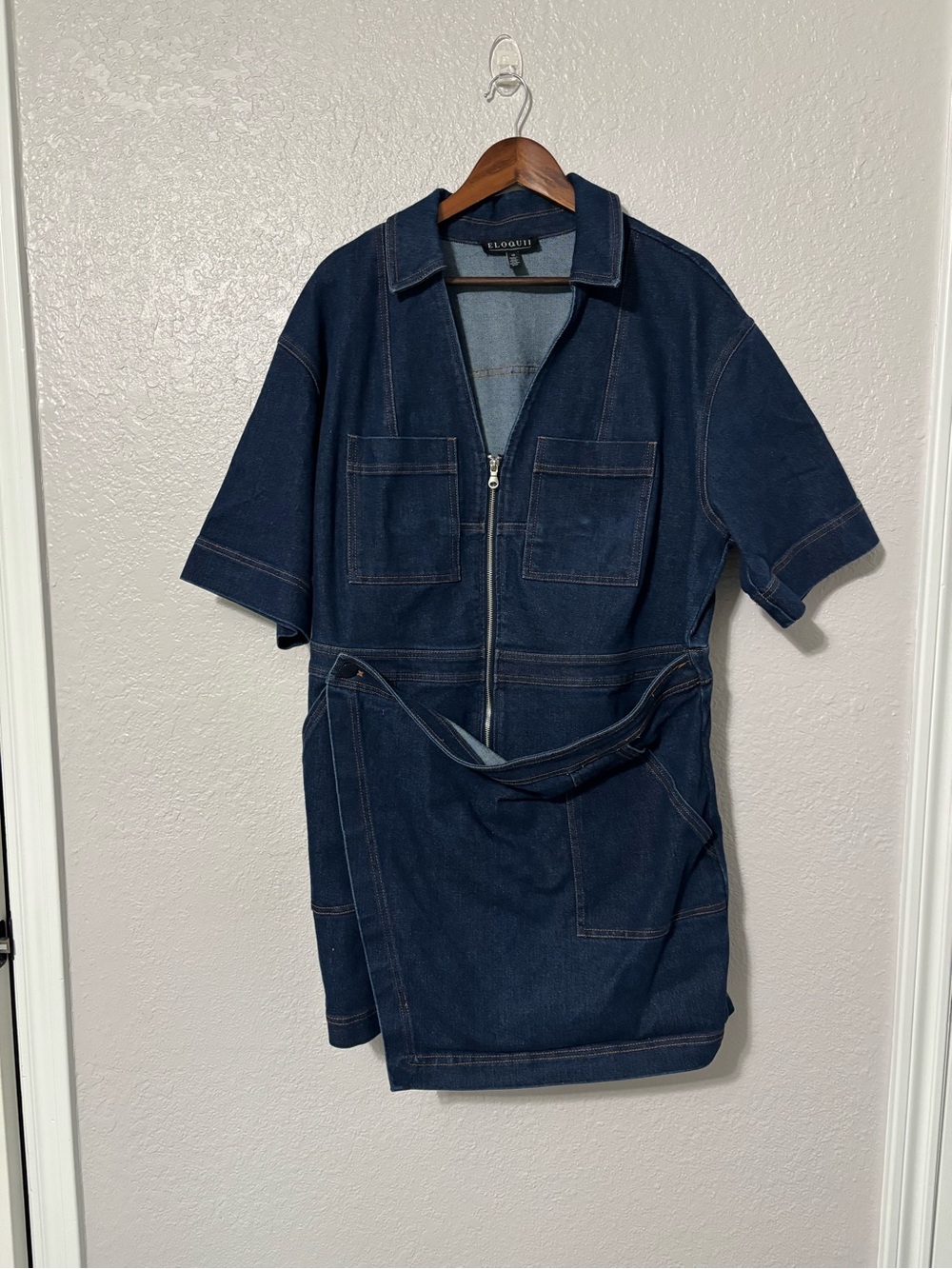 Plus Denim Utility Romper in Dark Blue - Picture 3 of 12